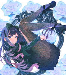 Rule 34 | 1girl, absurdres, ankle strap, black dress, black footwear, blue eyes, closed mouth, dress, floating, highres, hololive, hololive english, hugging own legs, long hair, long sleeves, looking at viewer, ninomae ina&#039;nis, pantyhose, purple hair, rin (rin illust 0805), solo, virtual youtuber