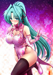 Rule 34 | 1girl, black thighhighs, blush, breasts, china dress, chinese clothes, cleavage, cleavage cutout, clothing cutout, dress, female focus, green eyes, green hair, groin, heart cutout, large breasts, lindy harlaown, long hair, lyrical nanoha, mahou shoujo lyrical nanoha, matching hair/eyes, no panties, open mouth, ponytail, shiwo, solo, thighhighs