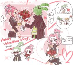 Rule 34 | !, 1girl, 2boys, agent 3 (splatoon), agent 4 (splatoon), agent 8 (splatoon), black cape, blonde hair, blush, bouquet, cape, chinese commentary, chinese text, ear blush, english text, film grain, flower, green hair, grey eyes, happy valentine, heart, high-visibility vest, highres, holding, holding bouquet, inkling, inkling boy, inkling player character, long sleeves, multiple boys, nintendo, nose blush, octoling, octoling girl, octoling player character, pink hair, pointy ears, ponytail, red flower, red rose, rose, short hair, speech bubble, splatoon (series), splatoon 2, splatoon 2: octo expansion, spoken exclamation mark, suction cups, tentacle hair, thenintlichen96, thought bubble
