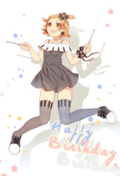 Rule 34 | 1girl, :d, absurdres, bare shoulders, brown eyes, brown hair, dress, drumsticks, happy birthday, highres, hmniao, k-on!, open mouth, piano print, ribbed legwear, round teeth, short hair, simple background, smile, solo, tainaka ritsu, teeth, thighhighs