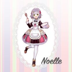 Rule 34 | 1girl, :d, alternate costume, apron, blunt bangs, bowl, braid, character name, commentary request, dual wielding, full body, genshin impact, green eyes, grey hair, hair ornament, holding, holding bowl, holding whisk, lolita fashion, long sleeves, looking at viewer, maid, maid apron, maid headdress, nichio rita, noelle (genshin impact), open mouth, pocket, short hair, sidelocks, simple background, single braid, smile, solo, standing, standing on one leg, valentine, whipped cream, whisk