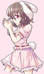 Rule 34 | 1girl, absurdres, animal ears, black hair, blush stickers, highres, inaba tewi, interlocked fingers, looking at viewer, miniskirt, outline, own hands clasped, own hands together, parted lips, pink background, puffy short sleeves, puffy sleeves, rabbit ears, rabbit girl, rabbit tail, red eyes, short hair, short sleeves, sideways glance, simple background, skirt, skirt set, solo, tail, tanakara, touhou