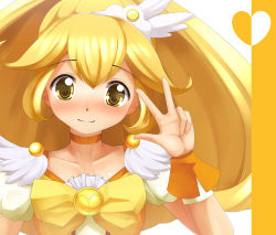 Rule 34 | 10s, 1girl, bad id, bad pixiv id, blonde hair, blush, bow, choker, cure peace, dress, eto, hair flaps, hair ornament, heart, kise yayoi, long hair, magical girl, precure, skirt, smile, smile precure!, solo, v, wide ponytail, wrist cuffs, yellow bow, yellow dress, yellow eyes, yellow skirt, yellow theme
