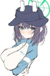 Rule 34 | 1girl, animal ears, blue archive, blue eyes, blush, breasts, bucket hat, closed mouth, crossed arms, fake animal ears, hair between eyes, halo, hat, jacket, large breasts, long sleeves, looking at viewer, nidaime (doronbo), purple hair, saki (blue archive), saki (swimsuit) (blue archive), short hair, simple background, solo, sweat, upper body, white background