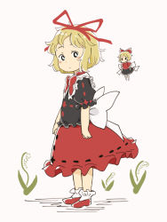 Rule 34 | 1girl, beige background, blonde hair, blue eyes, blush stickers, bow, chii-kun (seedyoulater), doll, expressionless, eyebrows, flower, frilled sleeves, frills, from side, full body, hair bow, hair ornament, hair ribbon, looking at viewer, mary janes, medicine melancholy, no shoes, puffy short sleeves, puffy sleeves, ribbon, ribbon-trimmed clothes, ribbon-trimmed skirt, ribbon trim, shoes, short sleeves, simple background, sketch, socks, solo, standing, su-san, touhou, wavy hair