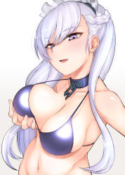 Rule 34 | 1girl, azur lane, belfast (azur lane), bikini, blush, braid, grabbing another&#039;s breast, breasts, cleavage, collar, collarbone, commentary request, french braid, grabbing, half-closed eyes, highres, large breasts, long hair, looking at viewer, maid headdress, navel, parted lips, purple bikini, purple eyes, saku (saku1151), silver hair, smile, solo, standing, swimsuit, white background