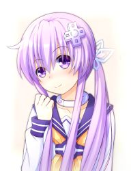 Rule 34 | 1girl, alternate hairstyle, bad id, bad pixiv id, choker, collarbone, d-pad, doria (p f dolia), dress, hair ornament, hair ribbon, hairclip, hand up, looking at viewer, nepgear, neptune (series), purple eyes, purple hair, ribbon, sailor dress, short hair with long locks, side ponytail, sidelocks, simple background, smile, solo, striped, upper body