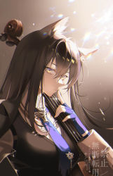 Rule 34 | 1girl, absurdres, animal ears, arknights, black background, black cape, black hair, black vest, blue gloves, blue necktie, breasts, cape, cello, collared shirt, fingerless gloves, gloves, hair between eyes, hand up, highres, holding, holding instrument, instrument, light, long hair, long sleeves, looking at viewer, necktie, official alternate costume, shirt, simple background, small breasts, solo, texas (arknights), texas the omertosa (arknights), upper body, vest, white shirt, wolf ears, wolf girl, yellow eyes, zoe (user nfrc5473)