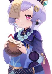 Rule 34 | 1girl, absurdres, bead necklace, beads, coconut, coin hair ornament, dress, drinking straw, earrings, genshin impact, hair ornament, hat, highres, holding, jewelry, jiangshi, kurodae, looking at viewer, necklace, purple dress, purple eyes, purple hair, qingdai guanmao, qiqi (genshin impact), simple background, solo, tongue, tongue out, white background, wide sleeves
