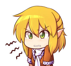 Rule 34 | 1girl, blonde hair, frown, green eyes, annoyed, jealous, mizuhashi parsee, pointy ears, short sleeves, simple background, solo, touhou, upper body, white background, wool (miwol)