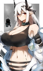 Rule 34 | 1girl, 1other, arknights, breasts, chibi, chibi inset, closed mouth, doctor (arknights), elite ii (arknights), gin moku, gloves, hair ornament, hairclip, highres, horns, large breasts, long hair, looking at viewer, material growth, mudrock (arknights), mudrock (elite ii) (arknights), navel, oripathy lesion (arknights), red eyes, steam, swimsuit, upper body, white hair