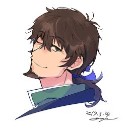 Rule 34 | 1boy, brown eyes, brown hair, close-up, collar, cropped shoulders, facial hair, fate/grand order, fate (series), goatee, goya (xalbino), hair ribbon, hector (fate), looking at viewer, looking back, male focus, one eye closed, ponytail, portrait, ribbon, signature, solo, upper body, white background