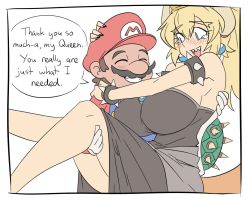 Rule 34 | 1boy, 1girl, black nails, blue eyes, blush, borrowed character, bowsette, breasts, brown hair, cabbie hat, carrying, cleavage, colorized, comic, couple, crown, dress, earrings, english text, closed eyes, facial hair, forked eyebrows, genderswap, genderswap (mtf), happy, hat, horns, humanization, jewelry, large breasts, lineart, mario, mario (series), matsu-sensei, mustache, nail polish, new super mario bros. u deluxe, nintendo, ponytail, princess carry, sharp teeth, simple background, sketch, smile, speech bubble, spiked shell, super crown, tail, tears, teeth, text focus, white background