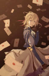 Rule 34 | 1girl, absurdres, artist name, biting, biting clothes, blonde hair, blue eyes, blue jacket, braid, brooch, brown background, brown gloves, commentary, dress, envelope, floating, from side, gloves, hair between eyes, hair intakes, hair ribbon, highres, holding, holding umbrella, jacket, jewelry, letter, long hair, long sleeves, looking at viewer, mechanical, mechanical arms, oiessw, puffy long sleeves, puffy sleeves, red ribbon, ribbon, simple background, single mechanical arm, solo, standing, umbrella, violet evergarden, violet evergarden (series), white neckwear