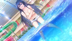 Rule 34 | 1girl, ahoge, barefoot, bikini, bikini bottom only, blue eyes, blue hair, blush, boku no mirai wa koi to kakin to, breasts, breasts squeezed together, covering privates, covering breasts, embarrassed, feet, female focus, game cg, groin, hair between eyes, highres, large breasts, legs, legs apart, long hair, looking at viewer, mahara shiori, navel, nironiro, open mouth, original, partially submerged, pool, solo, standing, swimsuit, thighs, toes, topless, water, wet