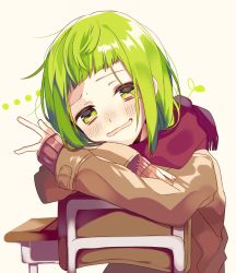Rule 34 | 1girl, :d, bad id, bad pixiv id, beige background, blunt bangs, blush, desk, eyelashes, fingernails, green eyes, green hair, gumi, hair over one eye, half-closed eyes, head rest, head tilt, long sleeves, matching hair/eyes, nose blush, open mouth, red scarf, scarf, school desk, short hair, sidelocks, simple background, sleeves past wrists, smile, solo, sweater, table, upper body, v, vocaloid, wavy mouth, winter clothes, yamori shiki