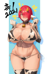 Rule 34 | 1girl, 2021, :&gt;, absurdres, animal ears, animal print, bell, bikini, blush, breasts, chinese zodiac, cleavage, collar, cow ears, cow print, cow print bikini, curvy, dryseaweed, ear tag, elbow gloves, gloves, hair over one eye, highres, huge breasts, ignis (last origin), last origin, looking at viewer, neck bell, print bikini, red eyes, red hair, short hair, side-tie bikini bottom, smile, solo, string bikini, swimsuit, thick thighs, thighhighs, thighs, w arms, wide hips, year of the ox