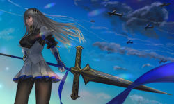 Rule 34 | 1girl, absurdres, armor, azur lane, blue ribbon, breastplate, breasts, corset, gauntlets, grey hair, hair ornament, highres, holding, holding polearm, holding spear, holding weapon, huge filesize, left-handed, long hair, looking at viewer, looking to the side, medium breasts, ohka (weapon), pantyhose, pleated skirt, polearm, red eyes, ribbon, saint-louis (azur lane), skirt, smoke, spear, unitard, weapon, you