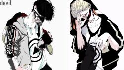Rule 34 | 2boys, artist request, black hair, blonde hair, blood, blood on face, character request, copyright request, earrings, hair over eyes, jacket, jewelry, multiple boys, muzzle, nail polish, non-web source, open clothes, open jacket, shirt, short hair, source request, sweater, t-shirt, white background