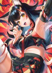 Rule 34 | 1girl, :d, animal ear fluff, animal ears, armpits, black hair, claw pose, crop top, detached sleeves, hair ornament, hairclip, highres, hololive, kirisaki shuusei, long hair, looking at viewer, midriff, multicolored hair, navel, ookami mio, ookami mio (1st costume), open mouth, red hair, sailor collar, skirt, smile, solo, streaked hair, thighhighs, virtual youtuber, white thighhighs, wolf ears, wolf girl, yellow eyes, zettai ryouiki
