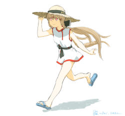 Rule 34 | 1girl, alternate costume, black bow, bow, brown eyes, brown hair, commentary request, dress, hair bow, hat, honda yoshinobu, kantai collection, long hair, low twintails, running, sandals, simple background, solo, straw hat, sun hat, tashkent (kancolle), twintails, white background, white dress