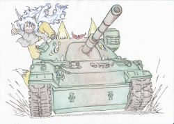 Rule 34 | 1girl, absurdres, anger vein, animal ears, blue hair, commentary request, dog child (doitsuken), dog ears, doitsuken, fang, floating hair, fox ears, fox tail, grey footwear, grey shirt, highres, leaf, leaf on head, long hair, military, military vehicle, motor vehicle, open mouth, original, pants, red eyes, scan, shirt, shoes, slit pupils, tail, tank, traditional media, transformation, type 74 (tank), v-shaped eyebrows, very long hair, yellow pants