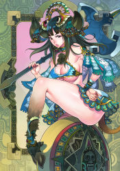 Rule 34 | 1girl, armpits, axe, aztec, bare shoulders, bikini, black hair, breasts, choker, cleavage cutout, clothing cutout, f.s., holding, holding weapon, hooves, horns, large breasts, legs, lips, looking at viewer, minotaur, monster girl, swimsuit, tagme, thighs, underboob, weapon