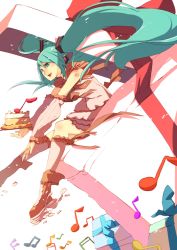 Rule 34 | 1girl, bad id, bad pixiv id, boots, cake, detached sleeves, food, gift, green eyes, green hair, hatsune miku, ian olympia, kneehighs, long hair, matching hair/eyes, musical note, socks, solo, twintails, very long hair, vocaloid