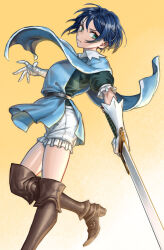 Rule 34 | 1girl, aqua eyes, blue hair, boots, brown footwear, closed mouth, floating hair, gloves, hashtag-only commentary, holding, holding sword, holding weapon, kahadu (kawazu), leah (unicorn overlord), looking at viewer, puffy short sleeves, puffy sleeves, serious, short hair, short sleeves, shorts, simple background, solo, standing, standing on one leg, sword, unicorn overlord, weapon, white gloves, white shorts, yellow background