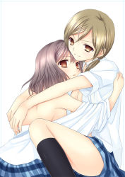 Rule 34 | 2girls, arms around neck, back, bare back, bare shoulders, blonde hair, blush, breasts, brown eyes, brown hair, female focus, hug, incest, joshi kousei, looking at viewer, multiple girls, naked shirt, naughty face, off shoulder, ooshima towa, open clothes, open shirt, partially undressed, plaid, plaid skirt, purple hair, school uniform, shirt, short hair, shy, siblings, sideboob, sisters, sitting, skirt, sleeves rolled up, smile, socks, suzuki momoka, suzuki yuma, twintails, yuri