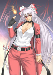 Rule 34 | 1girl, breasts, choker, cleavage, collarbone, cosplay, female focus, fire, fujiwara no mokou, gloves, houtengeki, jacket, large breasts, long hair, red eyes, ribbon, rugal bernstein, rugal bernstein (cosplay), snk, solo, tattoo, the king of fighters, touhou, white hair