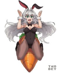 Rule 34 | 1girl, animal ears, artist name, bare shoulders, bow, breasts, carrot, character request, cleavage, commission, covered navel, detached collar, emilia hermit, fake animal ears, gluteal fold, green eyes, grey hair, hair between eyes, hair intakes, hundred (light novel), leotard, long hair, medium breasts, open mouth, pantyhose, playboy bunny, rabbit ears, rabbit pose, smile, solo, twobey, very long hair, white background, wrist cuffs