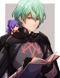 Rule 34 | 1boy, 1girl, absurdres, armor, black armor, black cape, book, byleth (fire emblem), byleth (male) (fire emblem), cape, chibi, closed mouth, commentary, commission, english commentary, enlightened byleth (male), fire emblem, fire emblem: three houses, fire emblem warriors: three hopes, gauntlets, green eyes, green hair, hair between eyes, hair bun, hair over one eye, highres, holding, holding book, long hair, looking at another, nintendo, on shoulder, one eye covered, open book, purple eyes, purple hair, shez (female) (fire emblem), shez (fire emblem), short hair, sierra117renner, single hair bun, size difference, smile, upper body