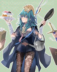 1girl animal animal_on_head armor ballot_box black_armor black_cape black_shorts blue_eyes breasts brown_pantyhose byleth_(female)_(fire_emblem) byleth_(fire_emblem) cake cape cat cat_on_head closed_mouth fire_emblem fire_emblem:_three_houses fishing_rod food frying_pan green_hair grid_background hair_between_eyes highres holding holding_food holding_frying_pan holding_plate holding_watering_can long_hair looking_at_viewer medium_breasts navel nintendo on_head pantyhose pantyhose_under_shorts plate sandwich sheet_music short_shorts shorts simple_background solo_focus sword watering_can weapon zat_296