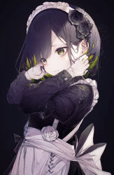 Rule 34 | 1girl, absurdres, apron, back bow, black background, black dress, black flower, black hair, black rose, bow, closed mouth, colored inner hair, dress, flower, frills, gloves, green eyes, green hair, hair behind ear, hair flower, hair ornament, hand in own hair, highres, hito komoru, lace-trimmed apron, lace trim, layered sleeves, long sleeves, looking away, maid headdress, multicolored hair, original, puffy short sleeves, puffy sleeves, rose, short hair, short over long sleeves, short sleeves, simple background, sketch, solo, two-tone hair, upper body, white apron, white bow, white gloves