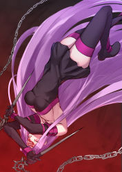 Rule 34 | 1girl, absurdres, black dress, black footwear, black sleeves, boots, breasts, chain, collar, dagger, detached sleeves, dress, facial mark, fate/stay night, fate (series), forehead mark, highres, knife, long hair, long sleeves, looking at viewer, medusa (fate), medusa (rider) (fate), nameless dagger (fate), nanakaku, purple collar, purple eyes, purple hair, short dress, thigh boots, thighhighs, upside-down, very long hair, weapon