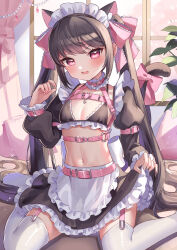 1girl absurdres animal_ear_fluff animal_ears apron artist_name belt black_bra black_hair bow bra breasts cat_ears commentary_request curtains frilled_bow frilled_bra frilled_skirt frills garter_straps highres juliet_sleeves long_sleeves looking_at_viewer maid maid_headdress miyamo_(fumifumi_no_ura) multiple_belts navel open_mouth original pillow pink_belt pink_bow pink_eyes plant puffy_sleeves skirt small_breasts solo sparkle sweatdrop tail tail_bow tail_ornament thighhighs twintails underwear waist_apron white_apron white_thighhighs window