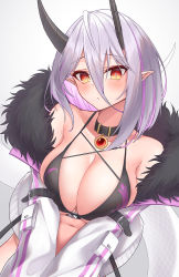 Rule 34 | 1girl, bikini, bikini top only, black bikini, black collar, black horns, blush, breasts, breasts squeezed together, closed mouth, collar, fur-trimmed jacket, fur trim, hair between eyes, highres, horns, jacket, lamia, large breasts, looking at viewer, monster girl, multicolored hair, navel, orange eyes, original, pink hair, pointy ears, slit pupils, snake tail, solo, swimsuit, tail, two-tone hair, white hair, white jacket, z.m. (zimin)