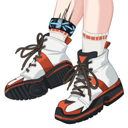 Rule 34 | 1girl, anklet, arknights, black footwear, footwear focus, highres, infection monitor (arknights), jewelry, material growth, multicolored footwear, nanase young, orange footwear, original, oripathy lesion (arknights), out of frame, shoe soles, shoes, simple background, sneakers, socks, solo, vermeil (arknights), white background, white footwear, white socks