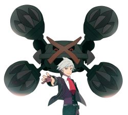 Rule 34 | 1boy, belt, belt buckle, black jacket, buckle, closed mouth, collared shirt, commentary request, creatures (company), game freak, gen 3 pokemon, grey hair, jacket, jaho, jewelry, long sleeves, male focus, mega metagross, mega pokemon, metagross, necktie, nintendo, open clothes, open jacket, outstretched arm, pants, pokemon, pokemon (creature), pokemon oras, purple vest, red necktie, ring, shirt, short hair, smile, steven stone, vest, white background, white shirt