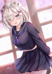 Rule 34 | 1girl, animal ears, arms behind back, black sailor collar, black serafuku, black skirt, blonde hair, blue eyes, blush, commentary request, cowboy shot, dutch angle, grey eyes, hair ornament, highres, hololive, hololive error, indoors, lion ears, looking at viewer, medium hair, multicolored hair, navel, neckerchief, open mouth, pleated skirt, purple neckerchief, red hair, sailor collar, school uniform, serafuku, shishiro botan, silver hair, skirt, smile, solo, standing, streaked hair, virtual youtuber, x hair ornament, yuano