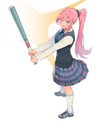 Rule 34 | 1girl, :d, baseball bat, blue eyes, blue necktie, blue skirt, blush, collared shirt, commentary request, ddal, fingernails, full body, grey footwear, hair between eyes, highres, holding, holding baseball bat, kneehighs, long hair, long sleeves, looking at viewer, looking to the side, metal baseball bat, necktie, open mouth, original, outstretched arms, pink hair, plaid, plaid skirt, pleated skirt, ponytail, shirt, shoes, skirt, smile, sneakers, socks, solo, sparkle, standing, sweater vest, very long hair, white background, white shirt, white socks