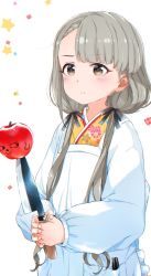 Rule 34 | 1girl, apple, apron, black ribbon, blush, braid, braided bangs, brown eyes, commentary request, fingernails, food, fruit, gomennasai, grey hair, hair over shoulder, hair ribbon, highres, hisakawa nagi, holding, holding knife, idolmaster, idolmaster cinderella girls, japanese clothes, kappougi, kimono, knife, long sleeves, low twintails, parted lips, print kimono, puffy long sleeves, puffy sleeves, red apple, ribbon, sleeves past wrists, solo, star (symbol), twintails, two-handed, upper body, white apron, white background, yellow kimono