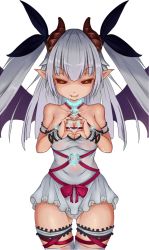 Rule 34 | 1girl, bad id, bad pixiv id, breasts, cameltoe, cleavage, demon girl, fangs, heart, heart hands, highres, horns, large breasts, long hair, looking at viewer, original, pointy ears, silver hair, smile, solo, transparent background, wings, yakou (4507770), yellow eyes