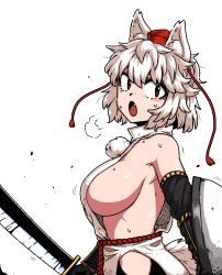 Rule 34 | 1girl, animal ear fluff, animal ears, bare shoulders, breasts, elbow gloves, fang, formicid, from side, gloves, hat, hip vent, holding, holding shield, holding sword, holding weapon, inubashiri momiji, large breasts, looking at viewer, medium hair, no bra, open mouth, pom pom (clothes), red eyes, red hat, shield, sideboob, sleeveless, solo, sword, tail, tokin hat, touhou, upper body, weapon, white hair, wolf ears, wolf girl, wolf tail