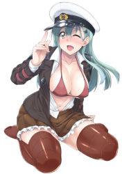 Rule 34 | 10s, 1girl, ;d, aqua hair, arm behind back, bikini, bikini top only, blazer, blush, breasts, brown skirt, brown thighhighs, collarbone, dress shirt, green eyes, hair between eyes, hair ornament, hairclip, hat, jacket, kantai collection, large breasts, long hair, long sleeves, looking at viewer, mikagami sou, navel, no shoes, one eye closed, open clothes, open jacket, open mouth, open shirt, peaked cap, pleated skirt, school uniform, shirt, shoulder pads, simple background, sitting, skirt, smile, solo, suzuya (kancolle), swimsuit, thighhighs, wariza, white background, white shirt, zettai ryouiki
