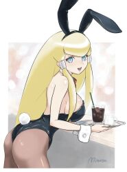 Rule 34 | 1girl, animal ears, ass, big hair, blonde hair, blue lips, breasts, detached collar, dianna soreil, drinking straw, fake animal ears, fake tail, from side, glass, gundam, hair ornament, large breasts, leotard, lipstick, long hair, looking at viewer, makeup, mitsutsu322, open mouth, pantyhose, playboy bunny, rabbit ears, rabbit tail, smile, solo, tail, turn a gundam, waitress