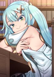 Rule 34 | &gt;:), 1girl, aqua hair, armpits, bracelet, breasts, closed mouth, commentary request, desk, dress, faruzan (genshin impact), genshin impact, green eyes, hair ornament, hand on own chest, highres, jewelry, lemon snail, library, looking at viewer, presenting, presenting armpit, short sleeves, small breasts, solo, spread armpit, symbol-shaped pupils, triangle-shaped pupils, twintails, v-shaped eyebrows, white dress, x hair ornament