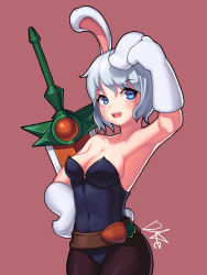 Rule 34 | 1girl, absurdres, animal costume, animal ears, arm up, armpits, bad id, bad pixiv id, bare shoulders, battle bunny riven, belt, blue eyes, blush, breasts, carrot, cleavage, collarbone, covered navel, dduck kong, dke, fake animal ears, female focus, hand on own hip, highres, large breasts, league of legends, leotard, looking at viewer, open mouth, pantyhose, playboy bunny, rabbit ears, rabbit tail, riven (league of legends), short hair, simple background, solo, sword, tail, teeth, tongue, weapon, white hair