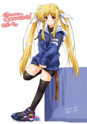 Rule 34 | 1girl, black skirt, black thighhighs, blonde hair, blue footwear, blue jacket, blush, casual, closed mouth, commentary request, dated, fate testarossa, full body, hair ribbon, high tops, highres, hood, hoodie, jacket, leaning back, leg up, long hair, long sleeves, looking at viewer, lyrical nanoha, mahou shoujo lyrical nanoha strikers, miniskirt, pencil skirt, red eyes, ribbon, san-pon, shoes, sidelocks, skirt, smile, sneakers, solo, standing, standing on one leg, thighhighs, translation request, twintails, twitter username, v arms, very long hair, white ribbon, zipper